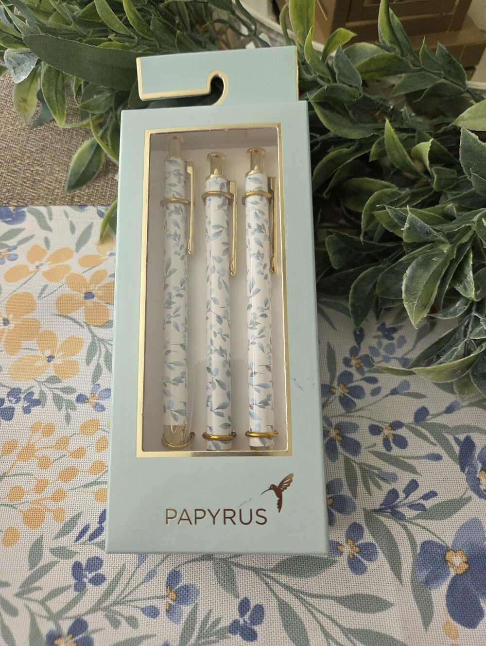 Papyrus Blue Floral Ballpoint Pen Set with Gold Accents